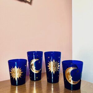 Vintage Celestial Cobalt Tumblers 22k Gold Signed Culver 2 Sizes 4 Pieces in Set